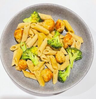 Chicken meatballs and broccoli olive oil pasta